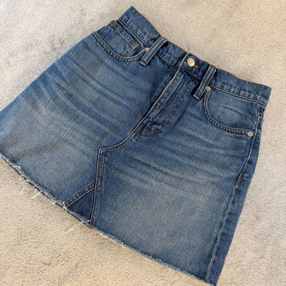 Madewell Denim Mini Skirt Size 24 Raw Hem Front Slit Blue